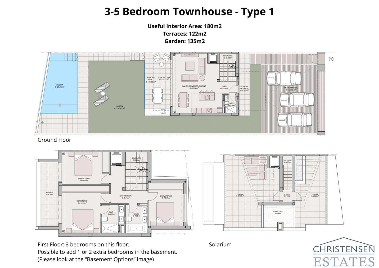 Layout of the Type 1 townhouse, showing the spacious ground floor, first floor, and rooftop solarium designed for modern living.