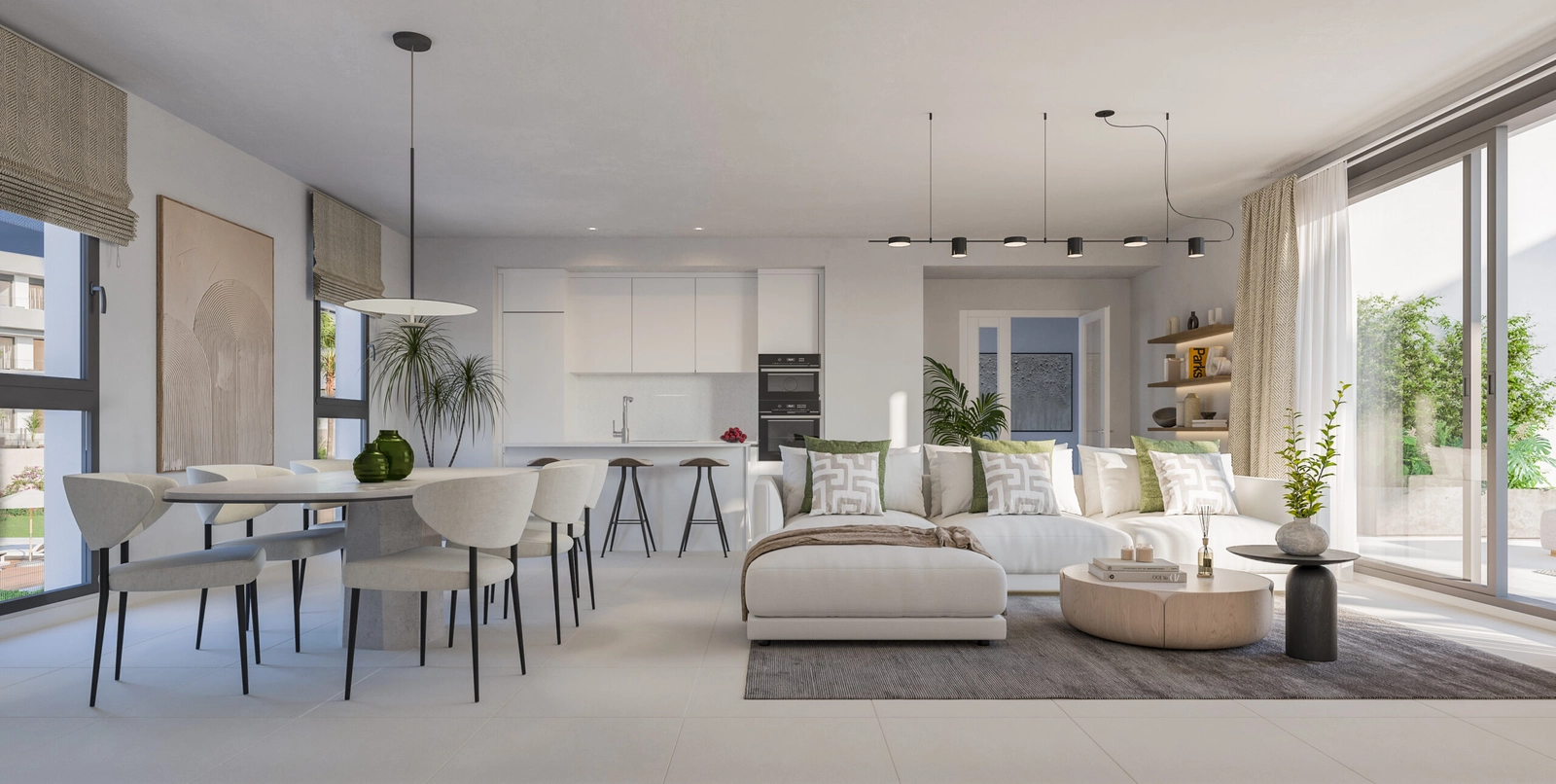 Bright and airy open-plan living areas that seamlessly connect the kitchen, dining, and lounge spaces.