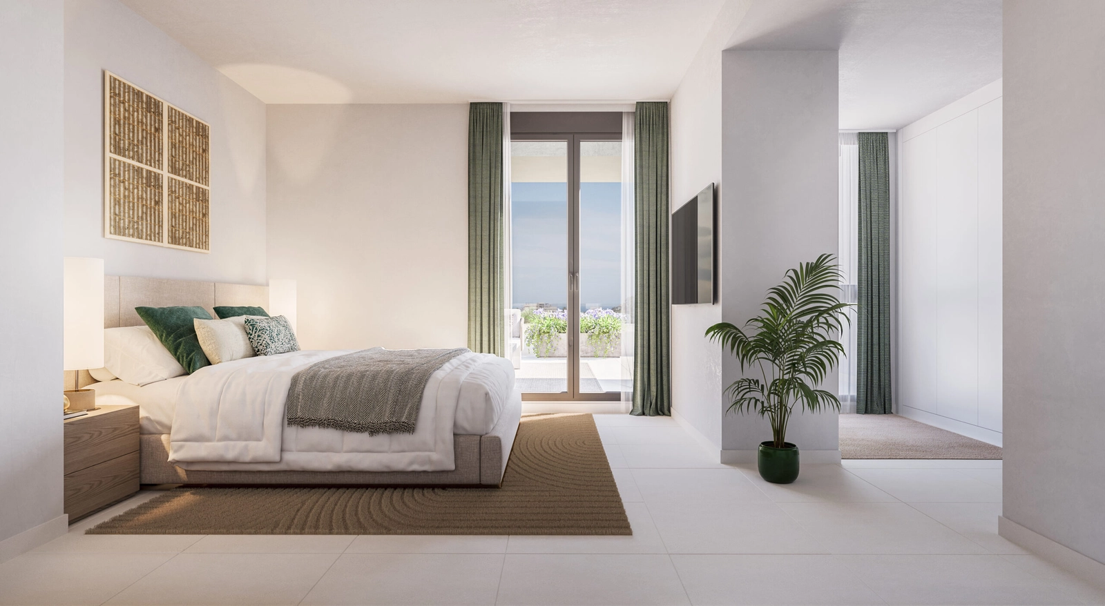 A serene master bedroom with direct access to the terrace, offering a peaceful start to your day.