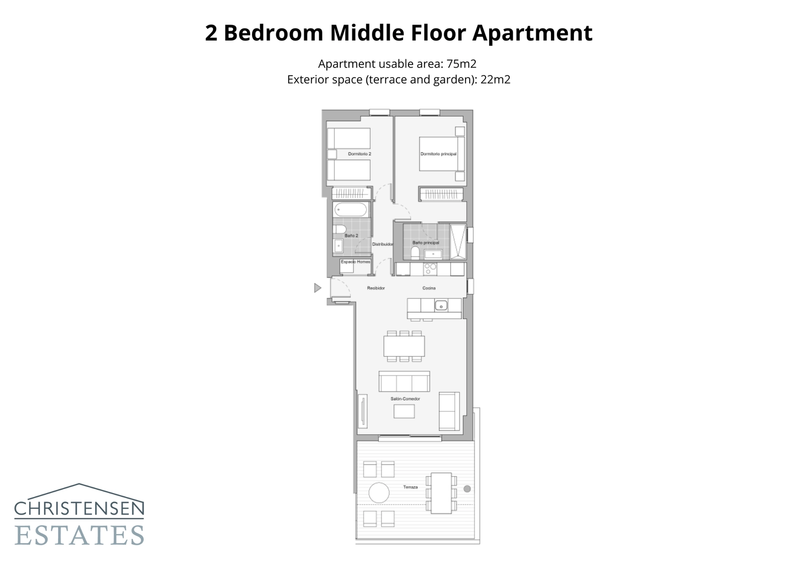 A well-designed two-bedroom apartment, offering a comfortable living space with two bathrooms and a large terrace for relaxation.