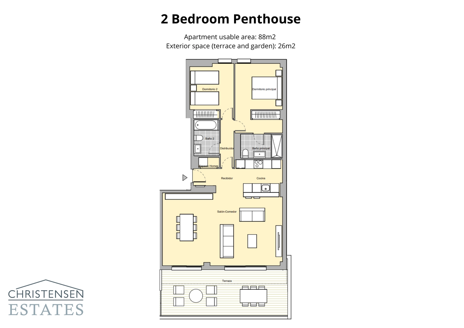 The two-bedroom penthouse layout provides an exceptional living experience with an open-plan design and expansive terrace space.
