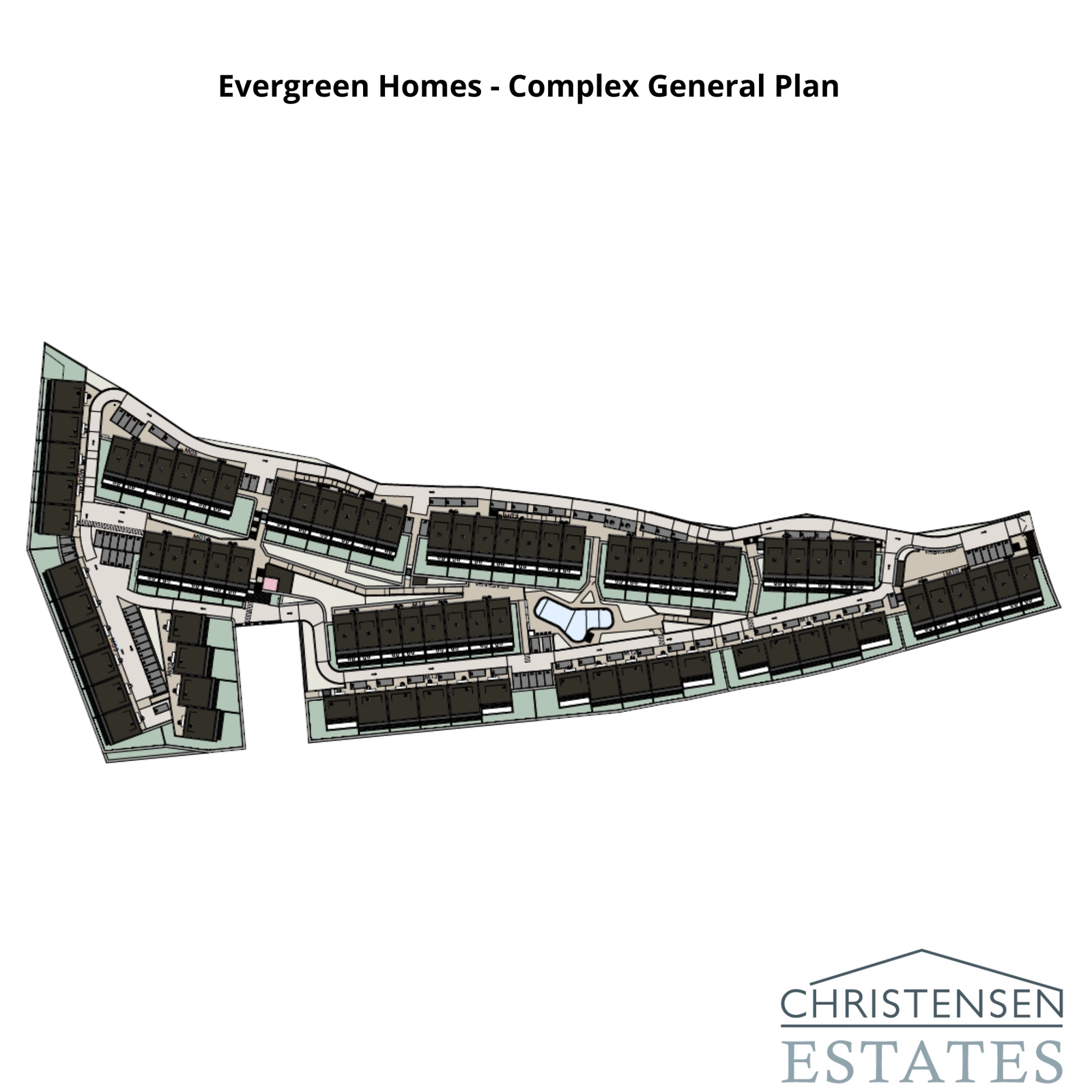 The overall site plan for Evergreen Homes, showing the layout of the 80 townhouses, communal pool, and green areas.
