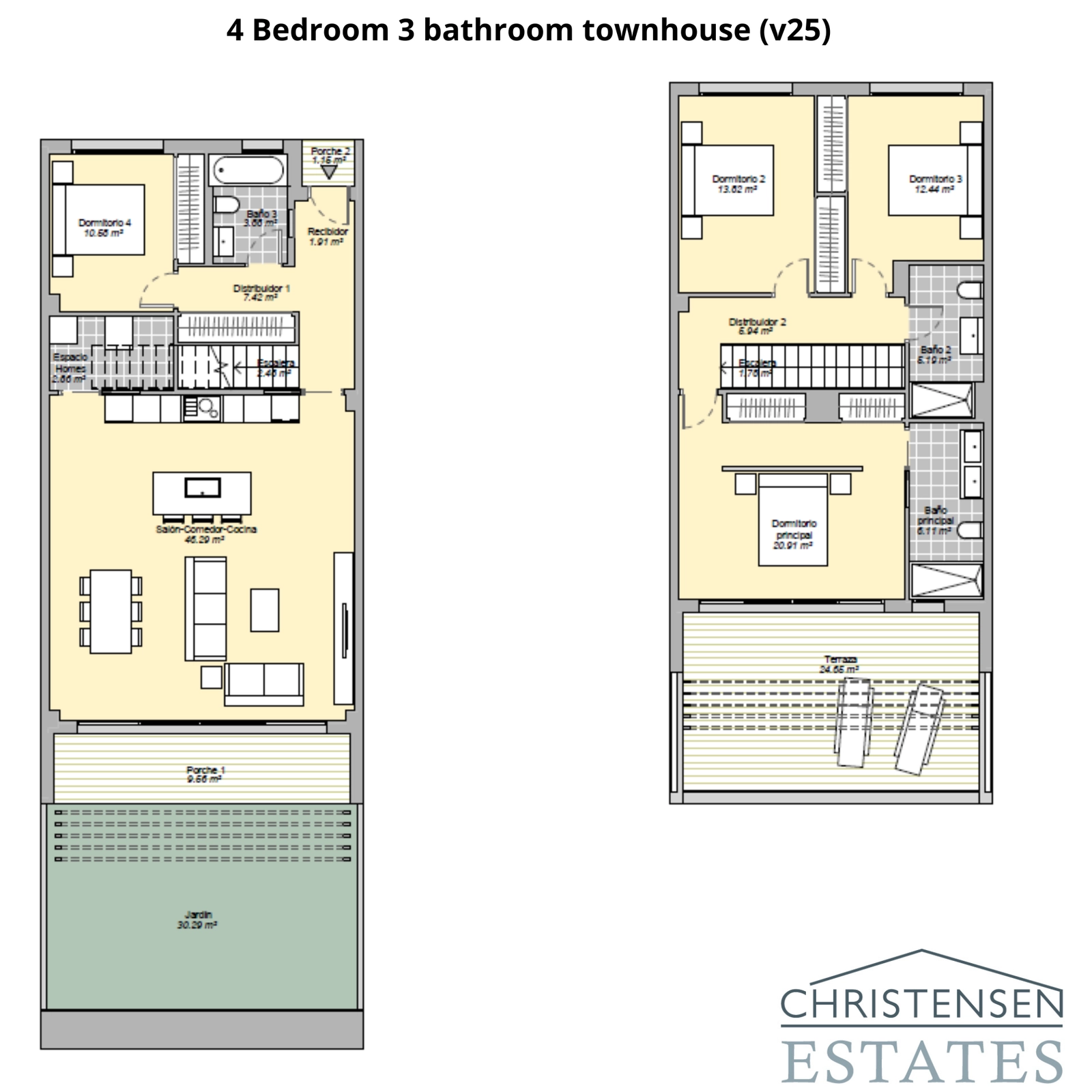 The four-bedroom townhouse plan offers ample space for families, with well-defined living and sleeping areas across two floors.