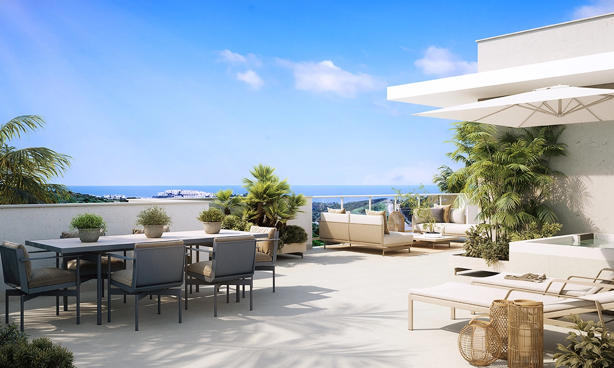 Expansive penthouse terraces provide the perfect setting for dining, relaxing, and enjoying the Costa del Sol views.