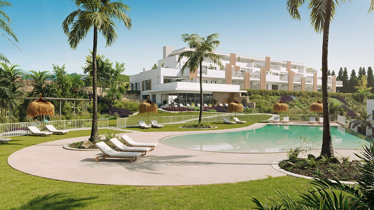 Lush gardens surround the inviting communal pool, creating a private oasis for residents.