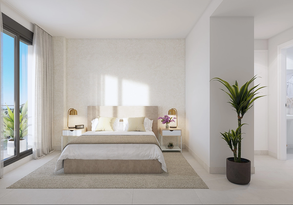 The principal bedroom is a serene retreat, offering direct access to the outdoor terrace.