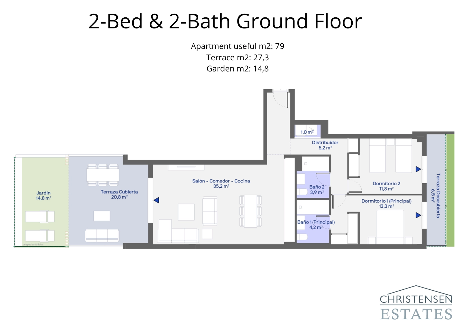 This two-bedroom ground floor layout connects a spacious interior with a large covered terrace and private garden.