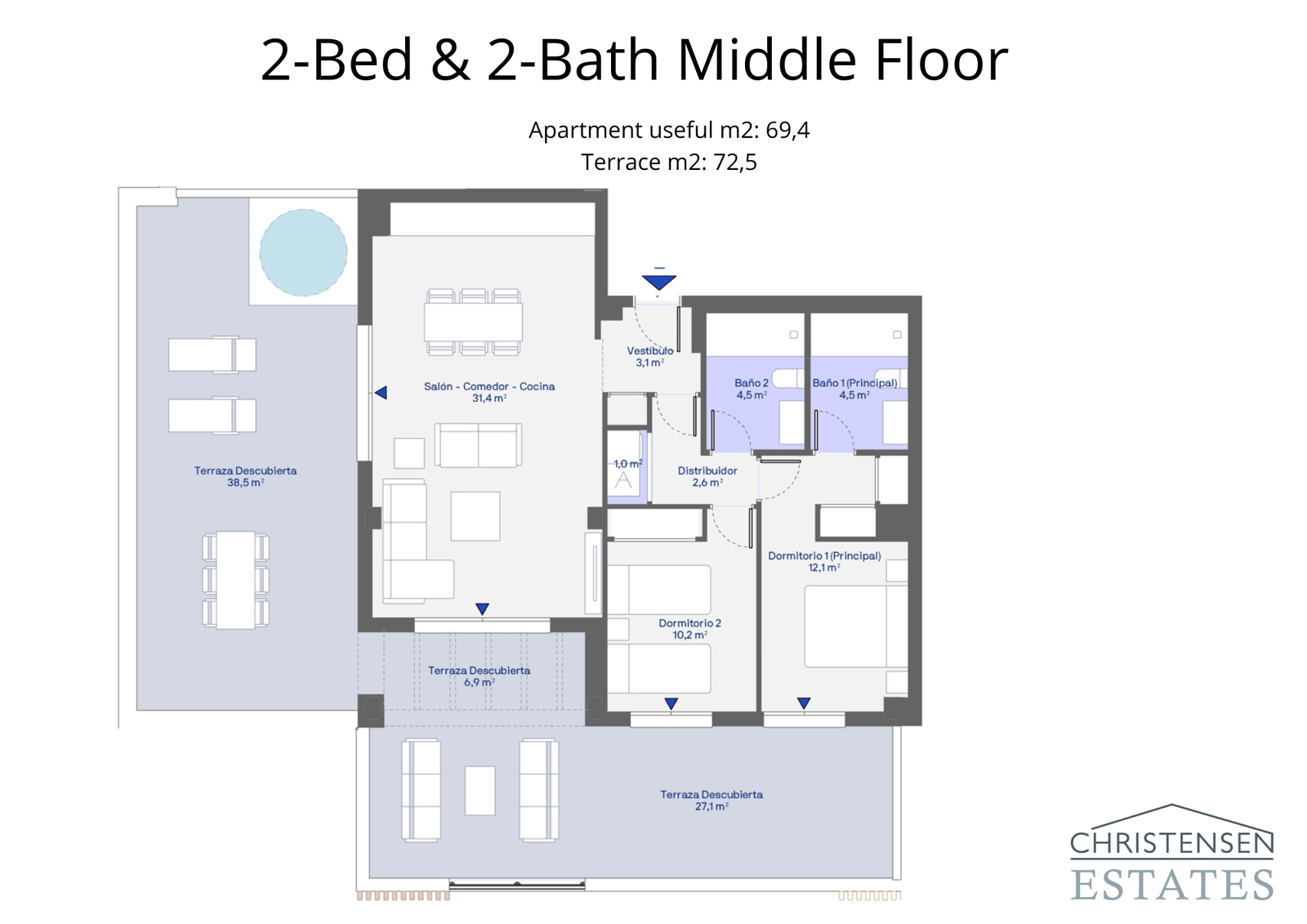 A well-designed two-bedroom middle floor plan featuring an expansive terrace to maximize outdoor living.