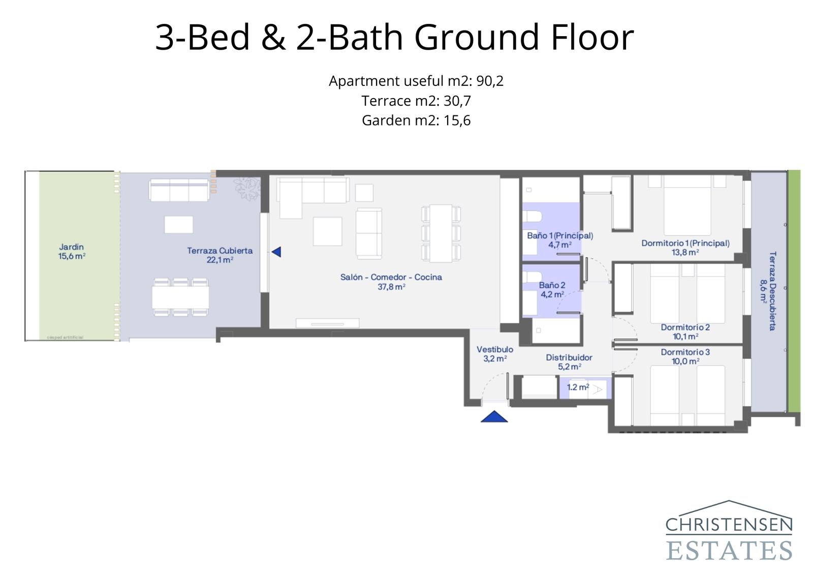 The three-bedroom ground floor home offers generous living space that flows seamlessly onto a terrace and garden.