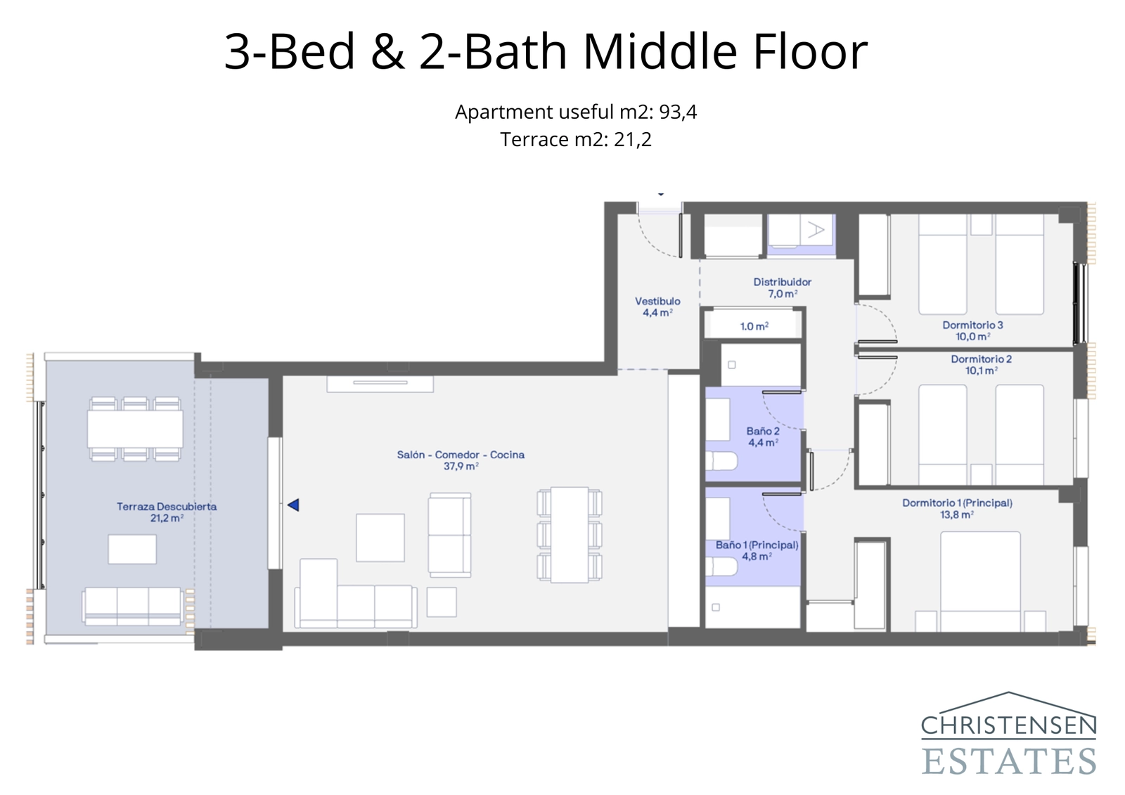 A spacious three-bedroom layout on the middle floor, designed for comfort and privacy with ample terrace space.