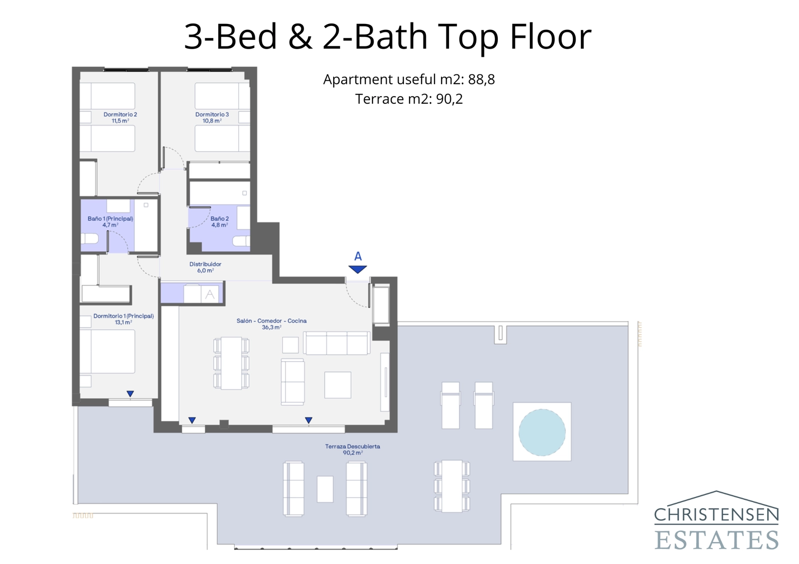 This three-bedroom top floor plan showcases an impressive open-plan living area and a vast wraparound terrace.