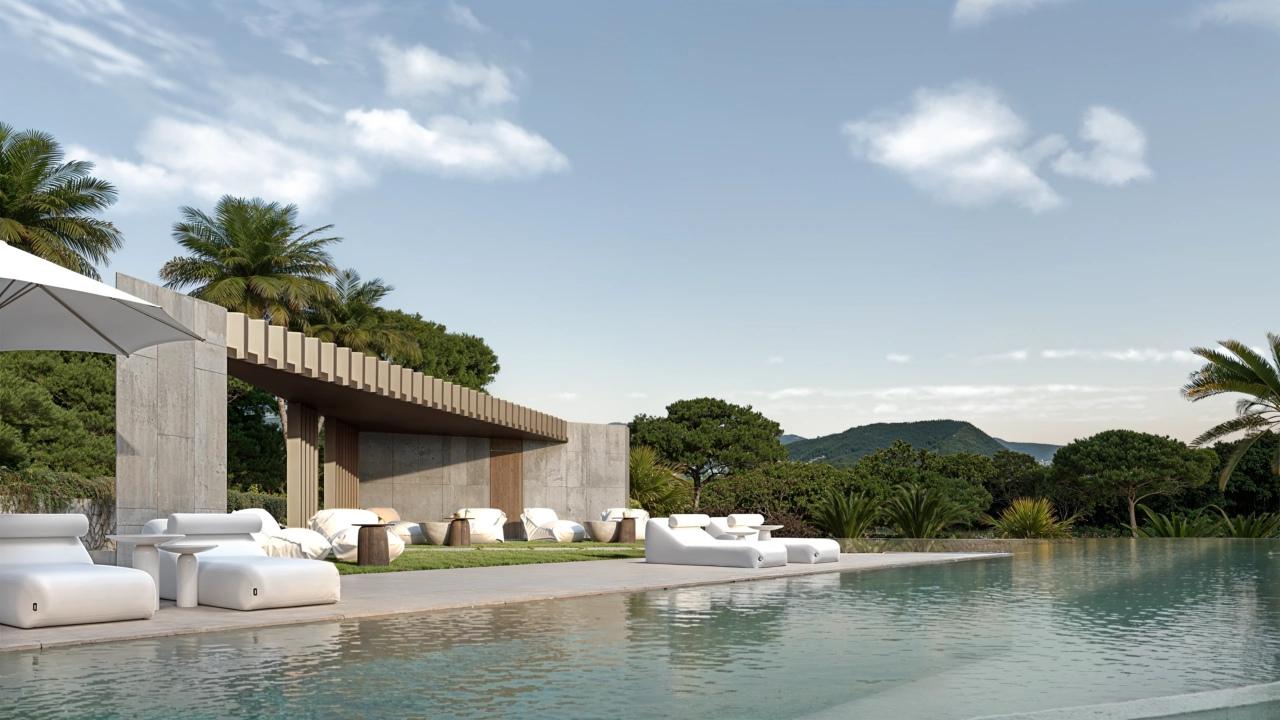 The large communal swimming pool and sunbathing area offer a perfect setting for relaxation and enjoying the Spanish sun.