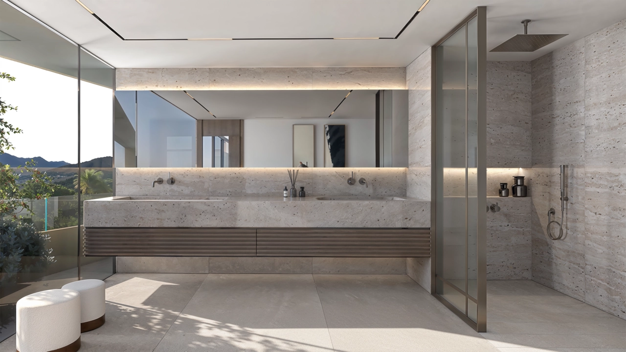 A beautifully appointed bathroom featuring premium materials, a double vanity, and a spacious walk-in shower.