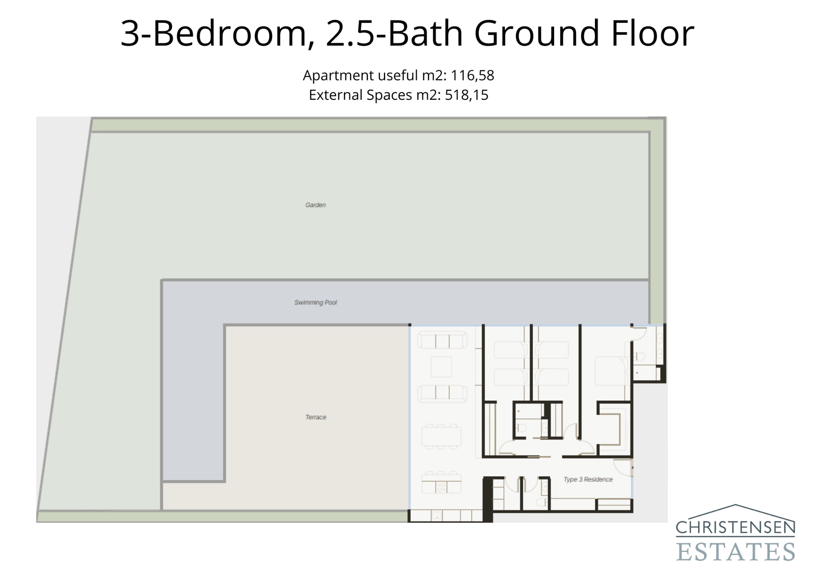 This spacious three-bedroom ground floor residence boasts an exceptionally large private garden and pool area, perfect for ultimate privacy and entertainment.