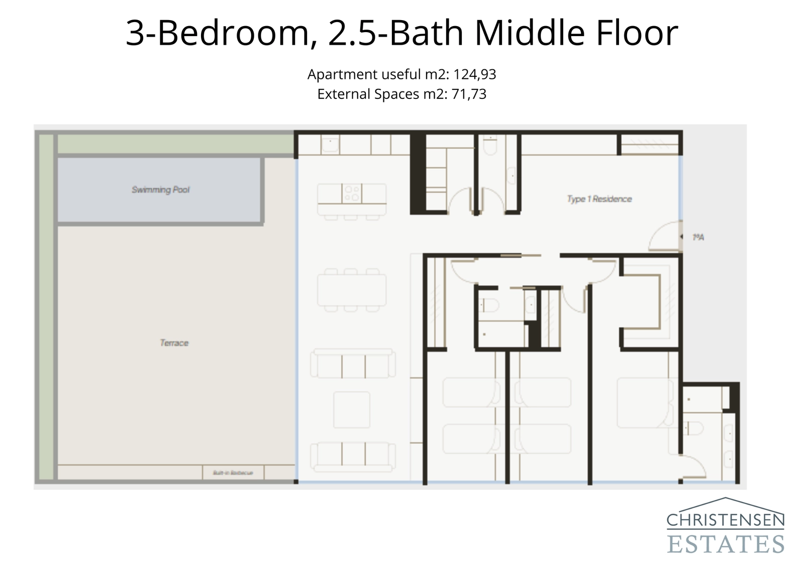 An expansive three-bedroom floor plan designed for luxury living, with generous room sizes and a private pool on the terrace.