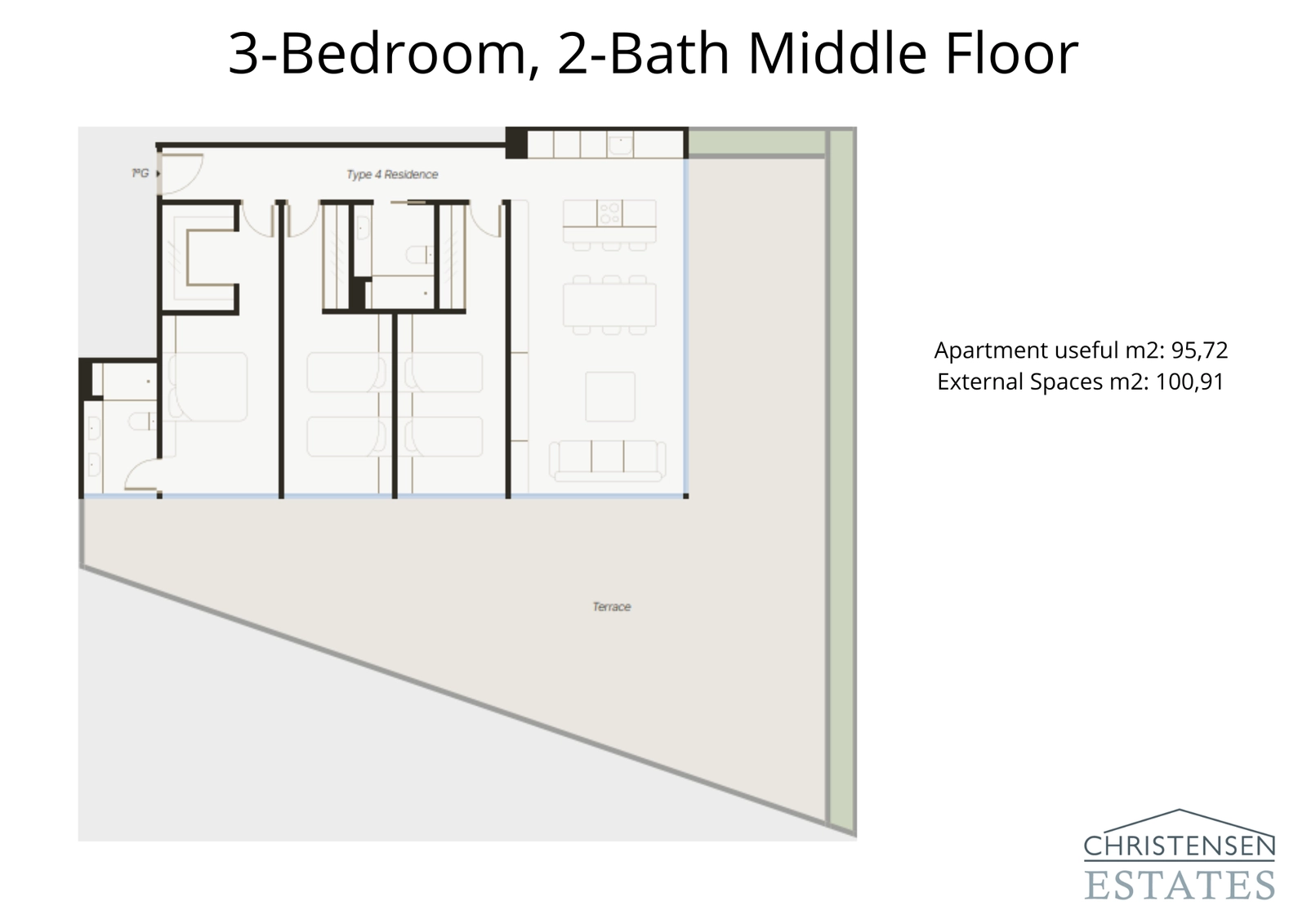 The layout for this three-bedroom home emphasizes open-plan living with a generous corner terrace to maximize views and outdoor enjoyment.
