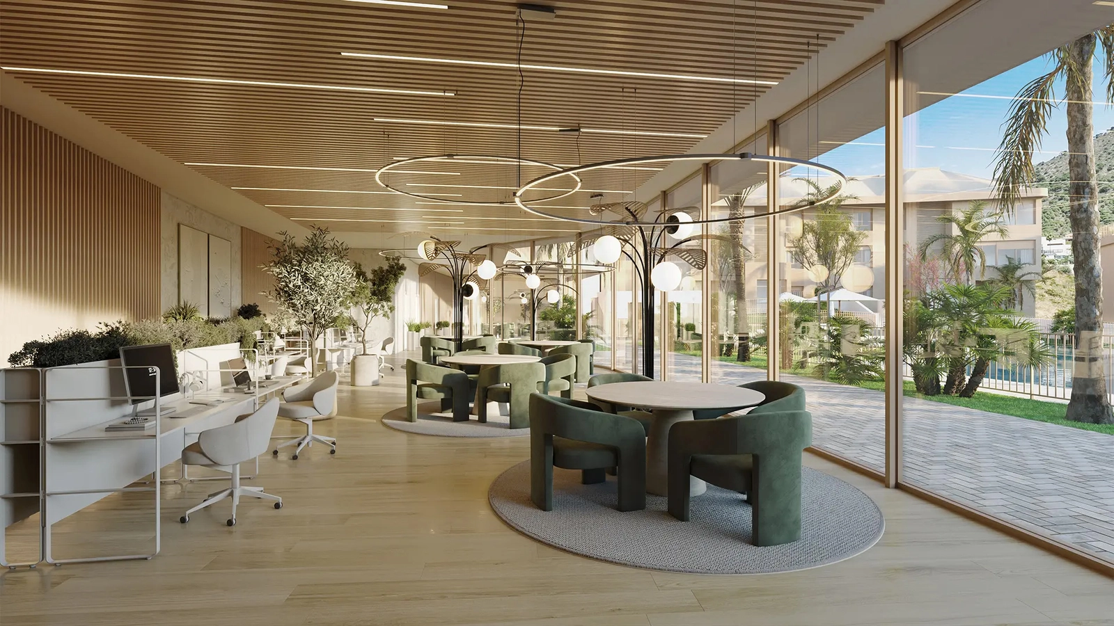 Co-working lounge where residents can work, meet, or relax in comfort.