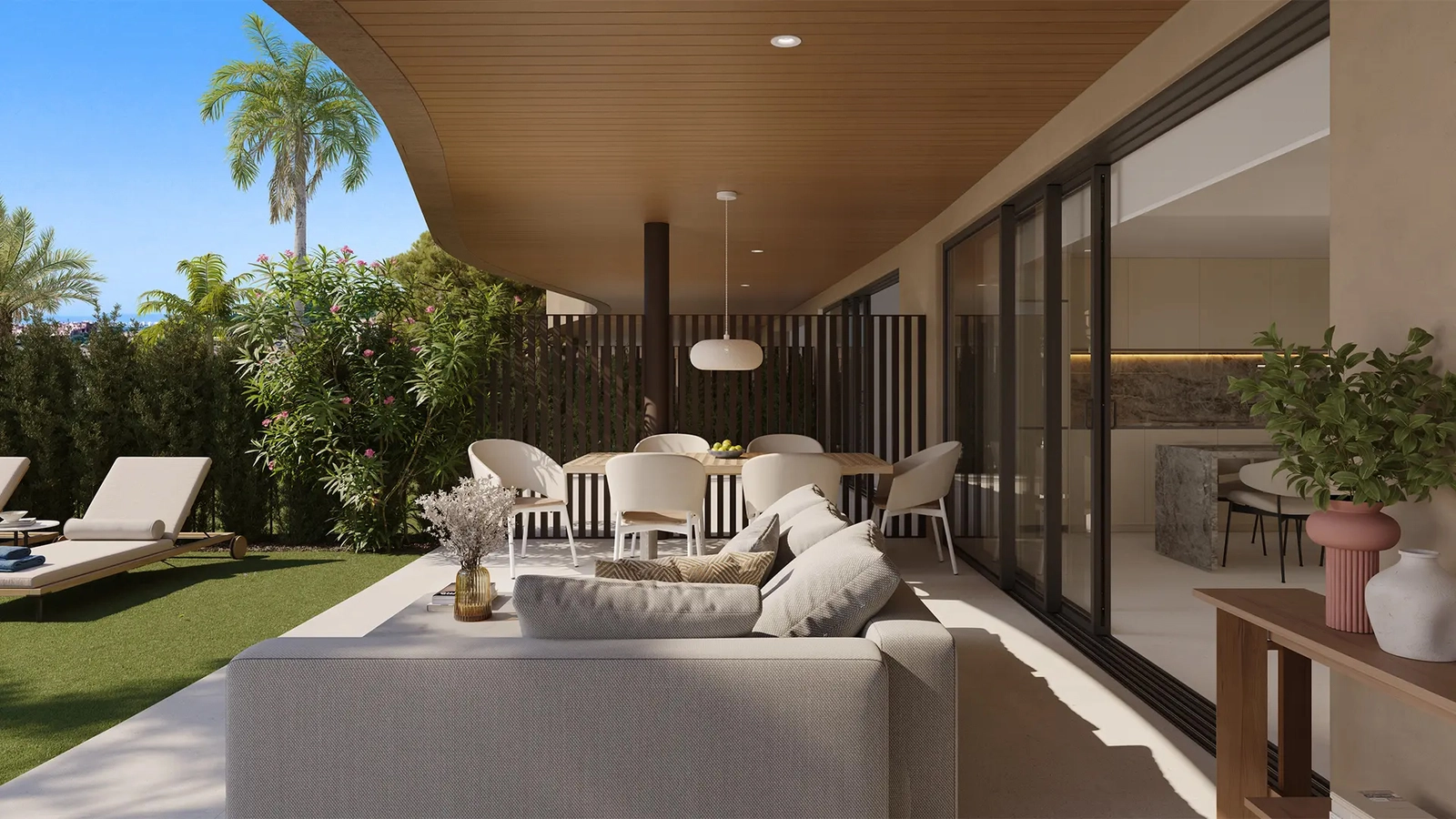 Outdoor dining and lounge areas blending modern style with Mediterranean calm.