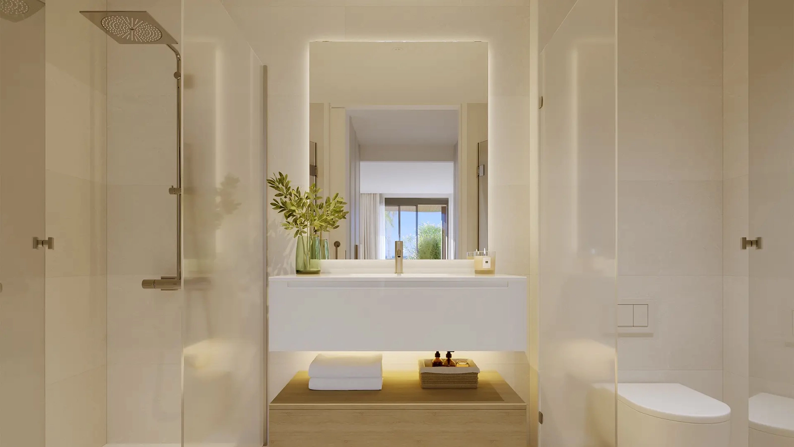 Spa-style bathrooms with elegant finishes and natural light.