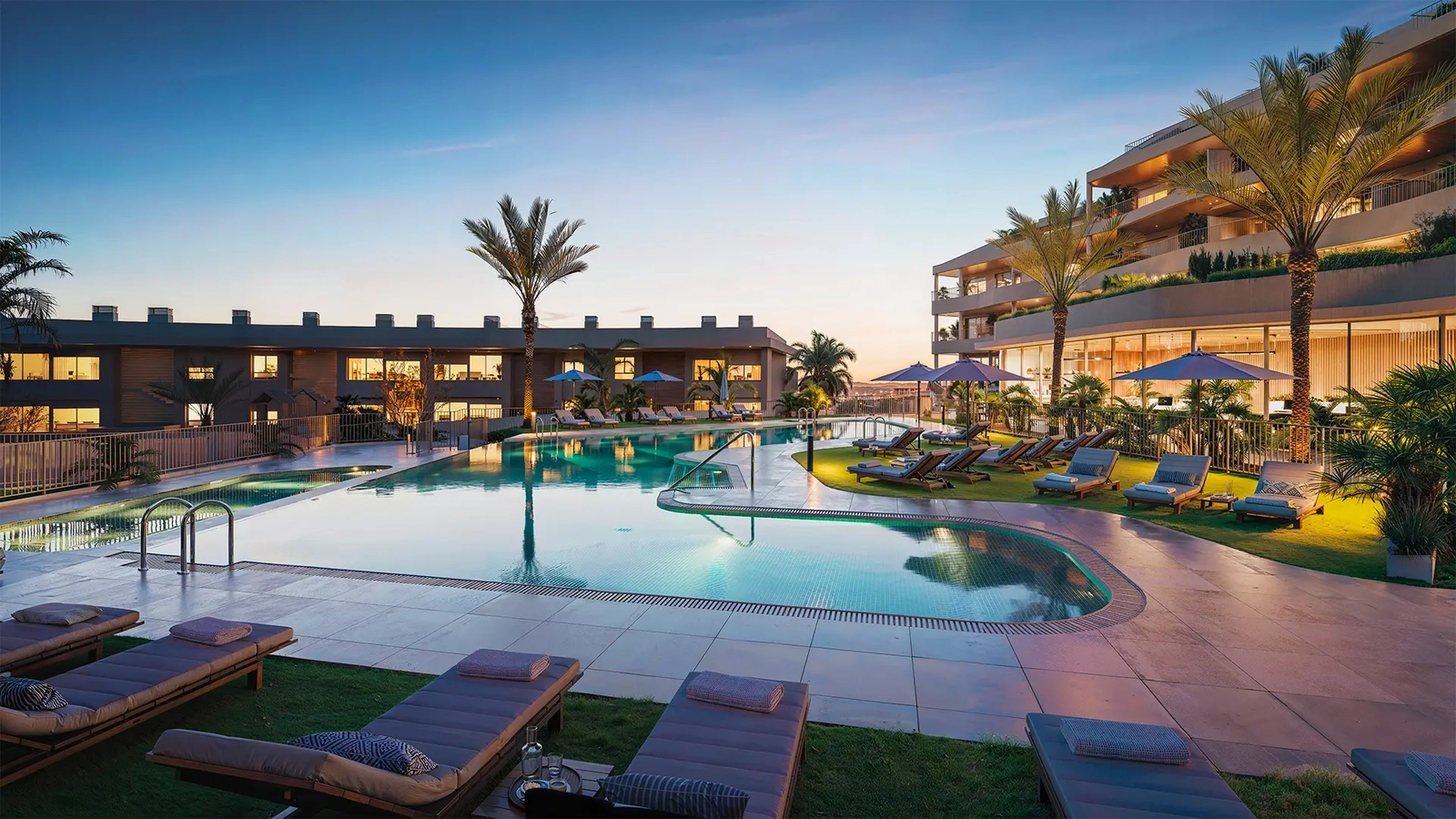At sunset, the pool area becomes a peaceful place to unwind.