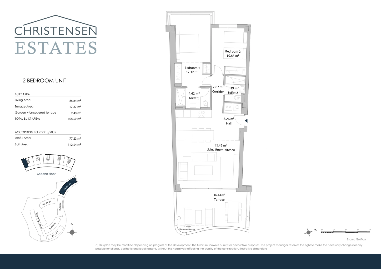 Two-Bedroom Layout – A bright open-plan living area with well-separated bedrooms for comfort and privacy.