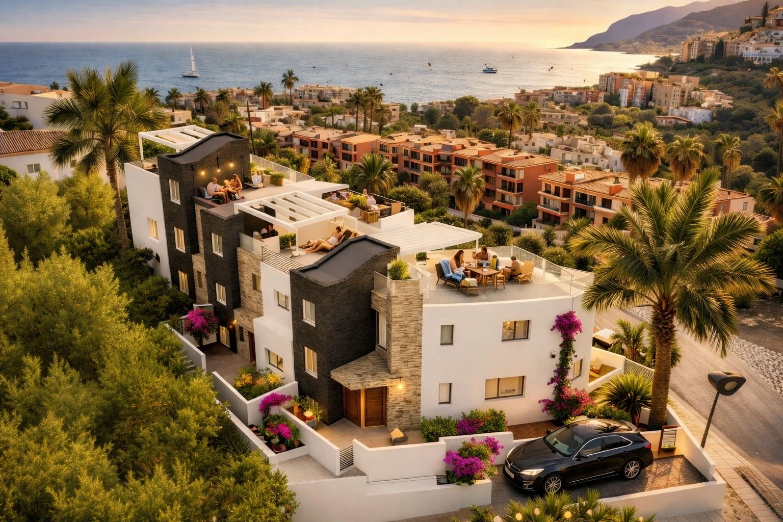 As evening arrives, the rooftop terraces become perfect settings for relaxing and enjoying the sunset over the Mediterranean Sea.