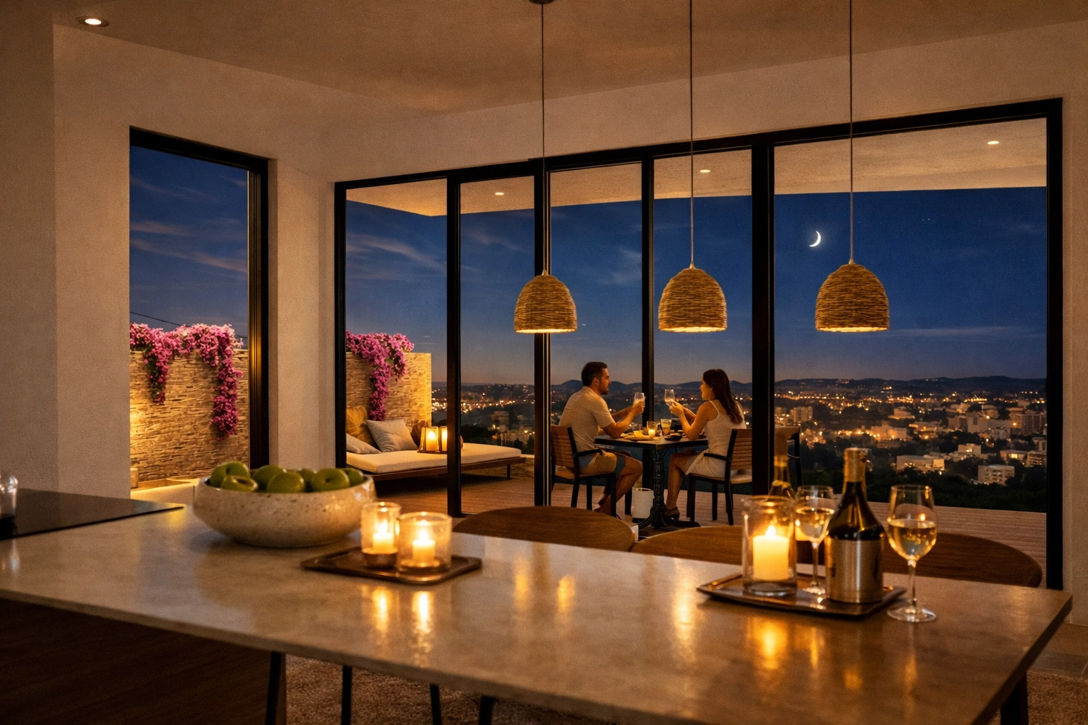 Enjoy evening meals with a backdrop of city lights and the tranquil sea, viewed from the comfort of your dining area.