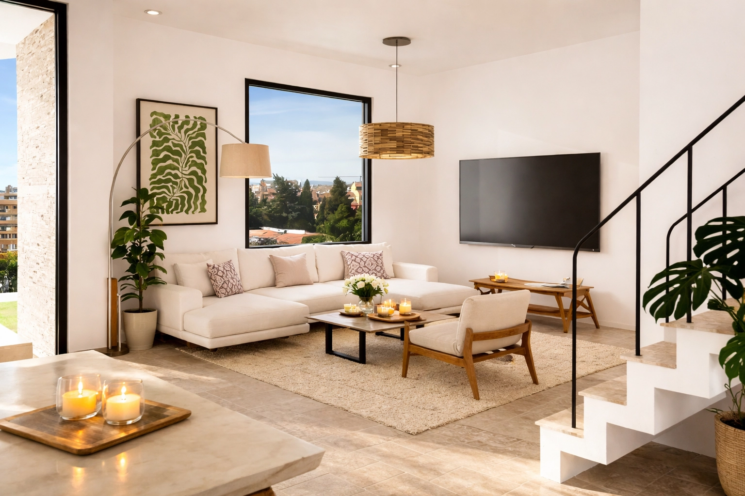 Sunlight fills the spacious living room, creating a bright and welcoming atmosphere for relaxation and family time.