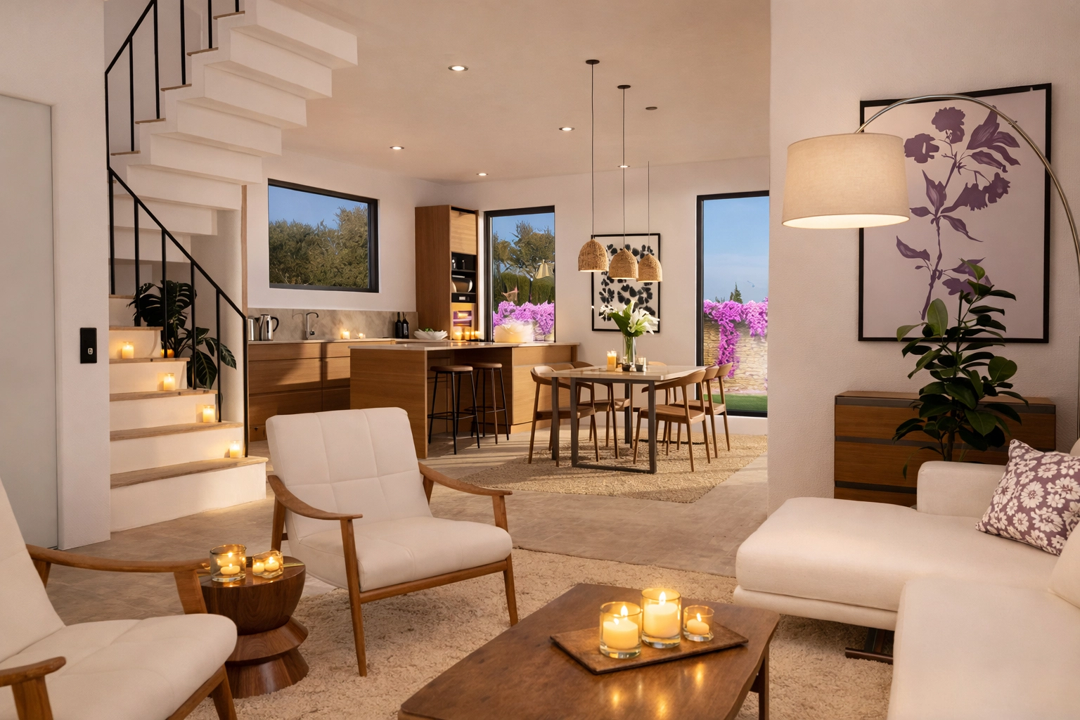 The open-plan design connects living, dining, and kitchen spaces, creating a harmonious flow throughout the main floor.