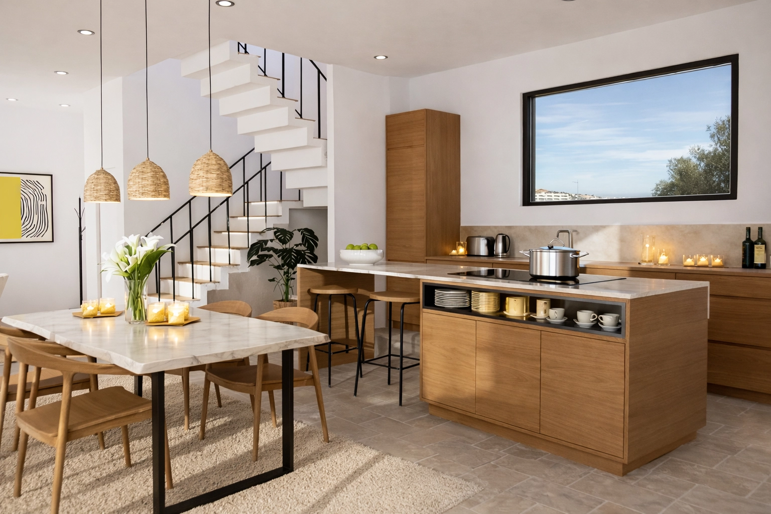 A modern, fully-equipped kitchen with a central island serves as the heart of the home, perfect for cooking and entertaining.