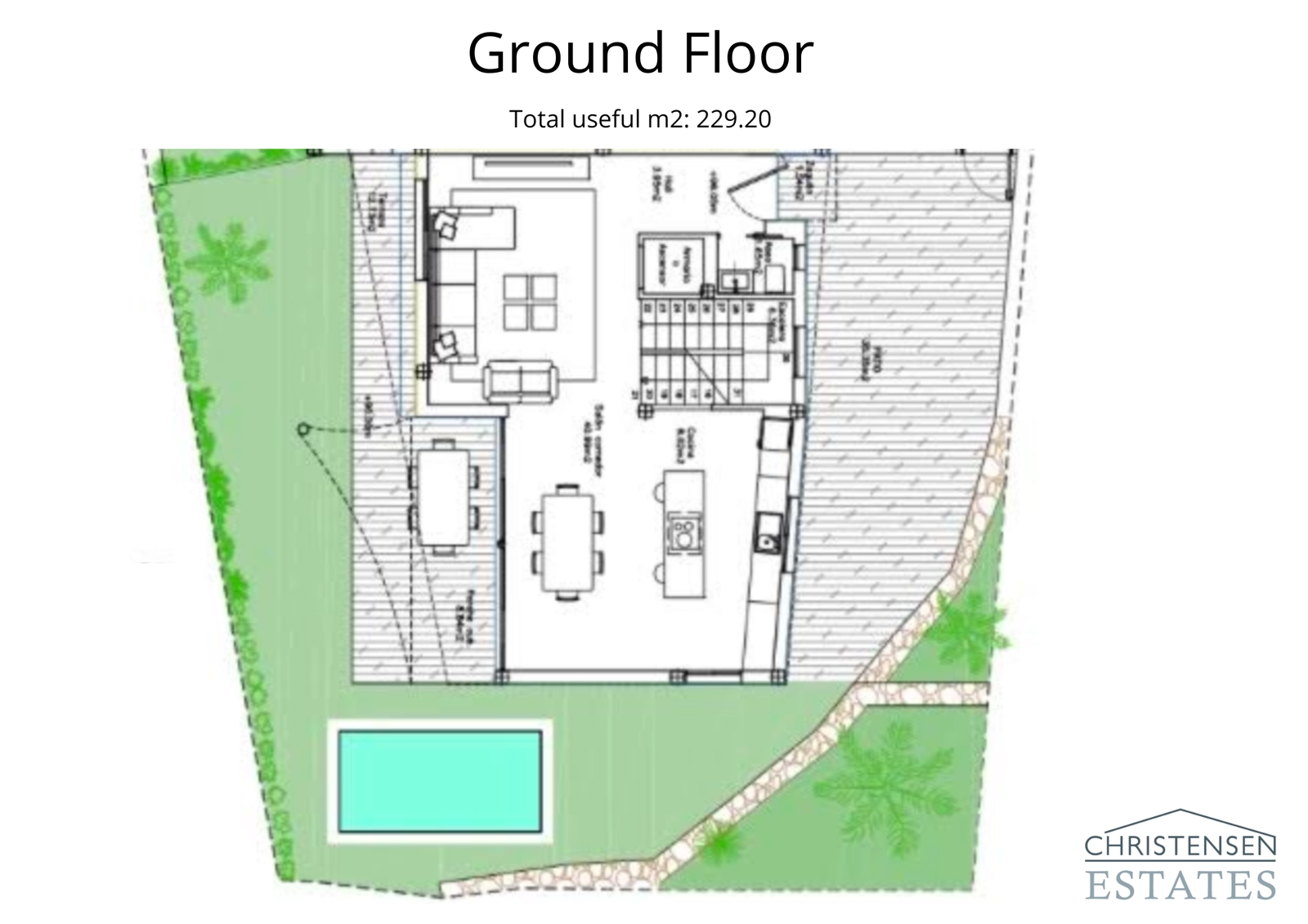 This ground floor layout shows the open-plan living area that flows seamlessly into the private garden and pool terrace.