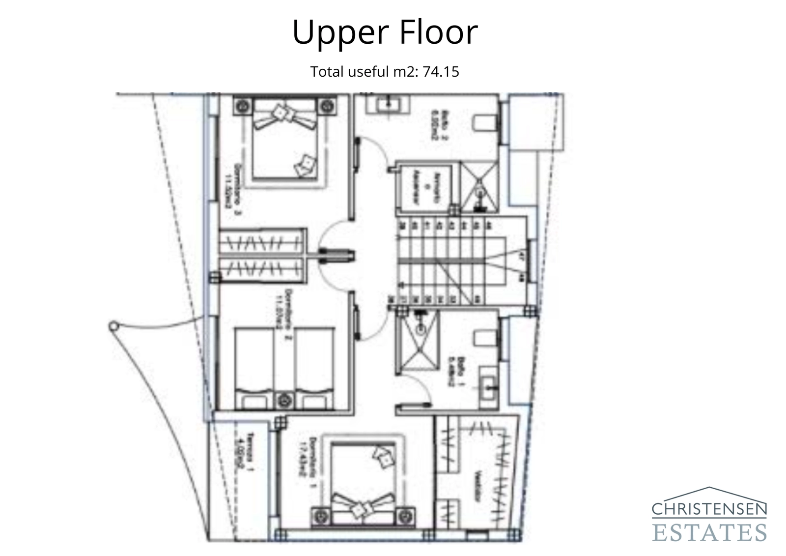 The upper floor plan, thoughtfully designed with three bedrooms and two bathrooms to provide privacy and comfort for family and guests.