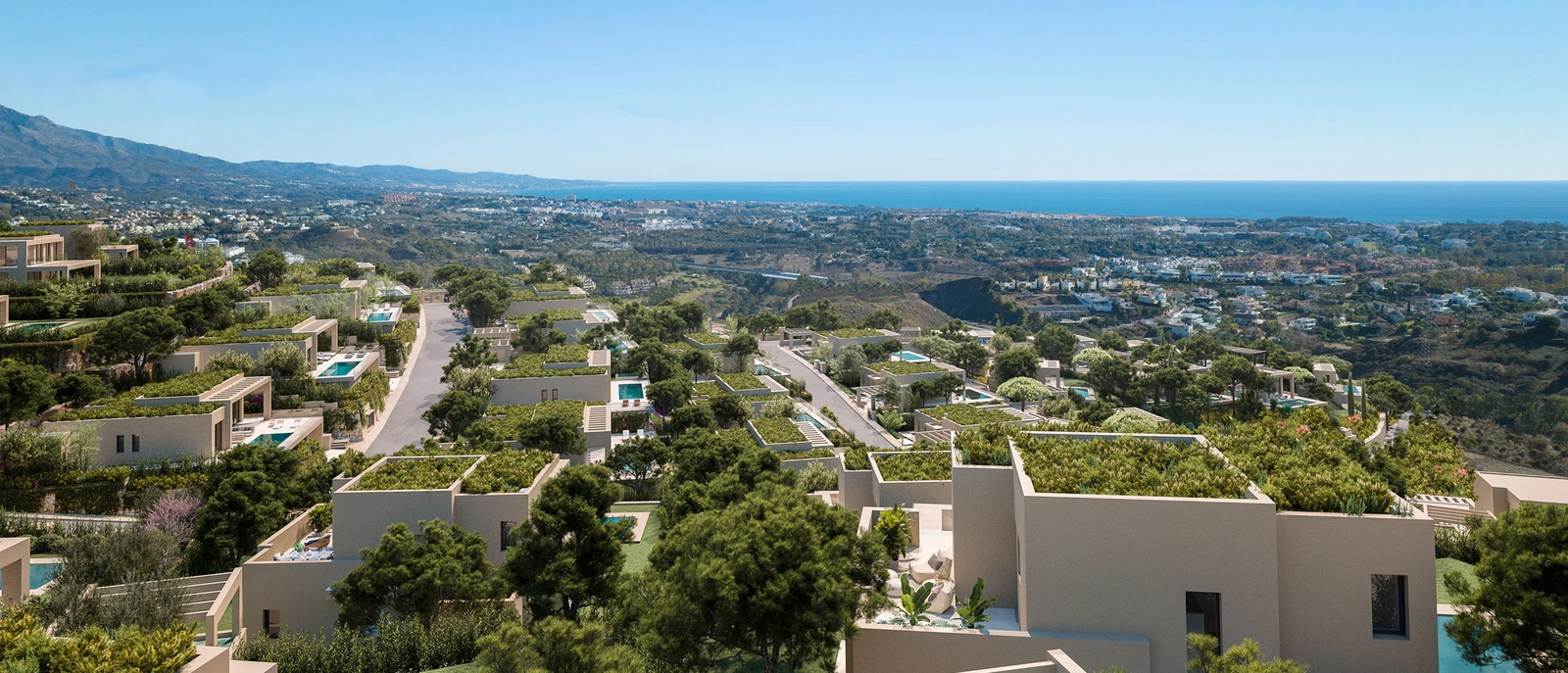 Sweeping panoramic views from the development over the hills of Benahavís to the Mediterranean Sea.