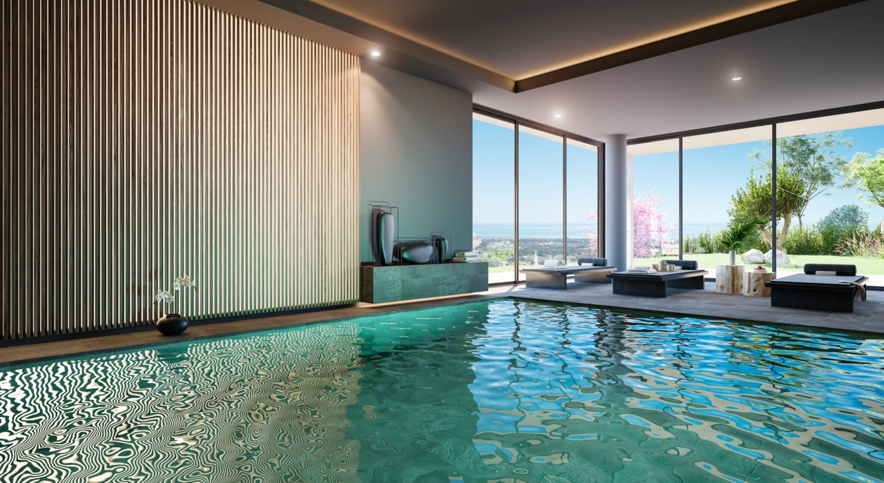 The exclusive residents' spa, featuring a beautiful indoor pool with views of the sea.