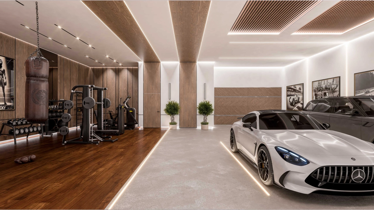 A private underground garage with space for vehicles and potential for a personal gym or storage.
