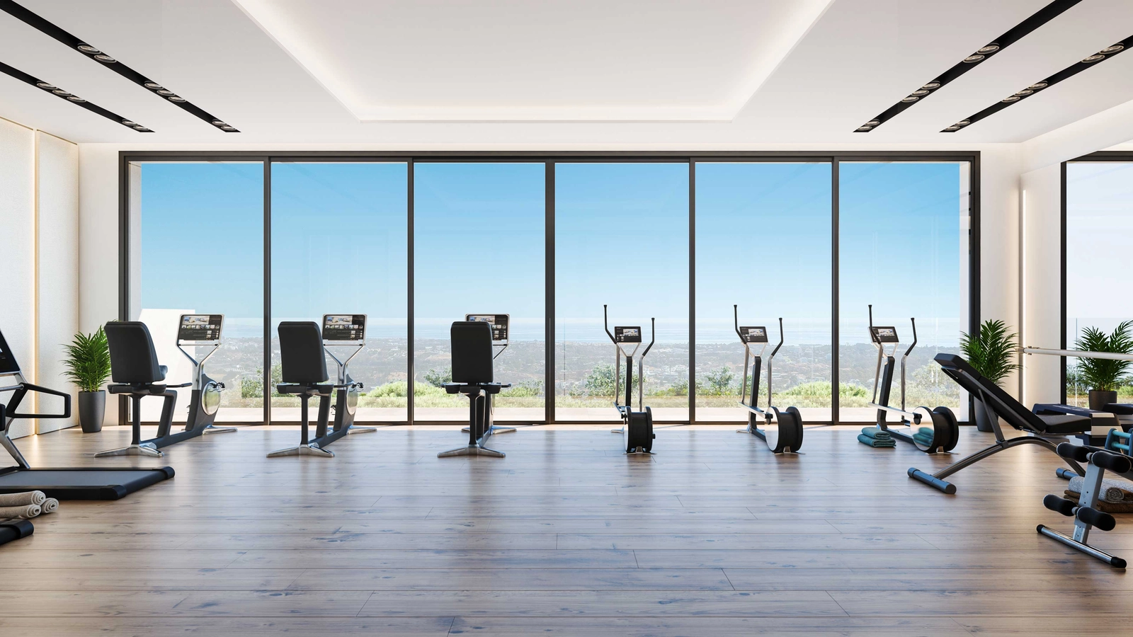 The state-of-the-art fitness center offers inspiring views to enhance your workout.