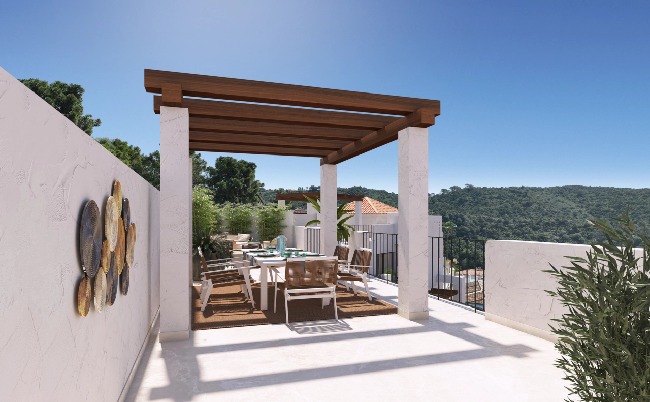 A private terrace designed for enjoying the Mediterranean climate and outdoor dining.