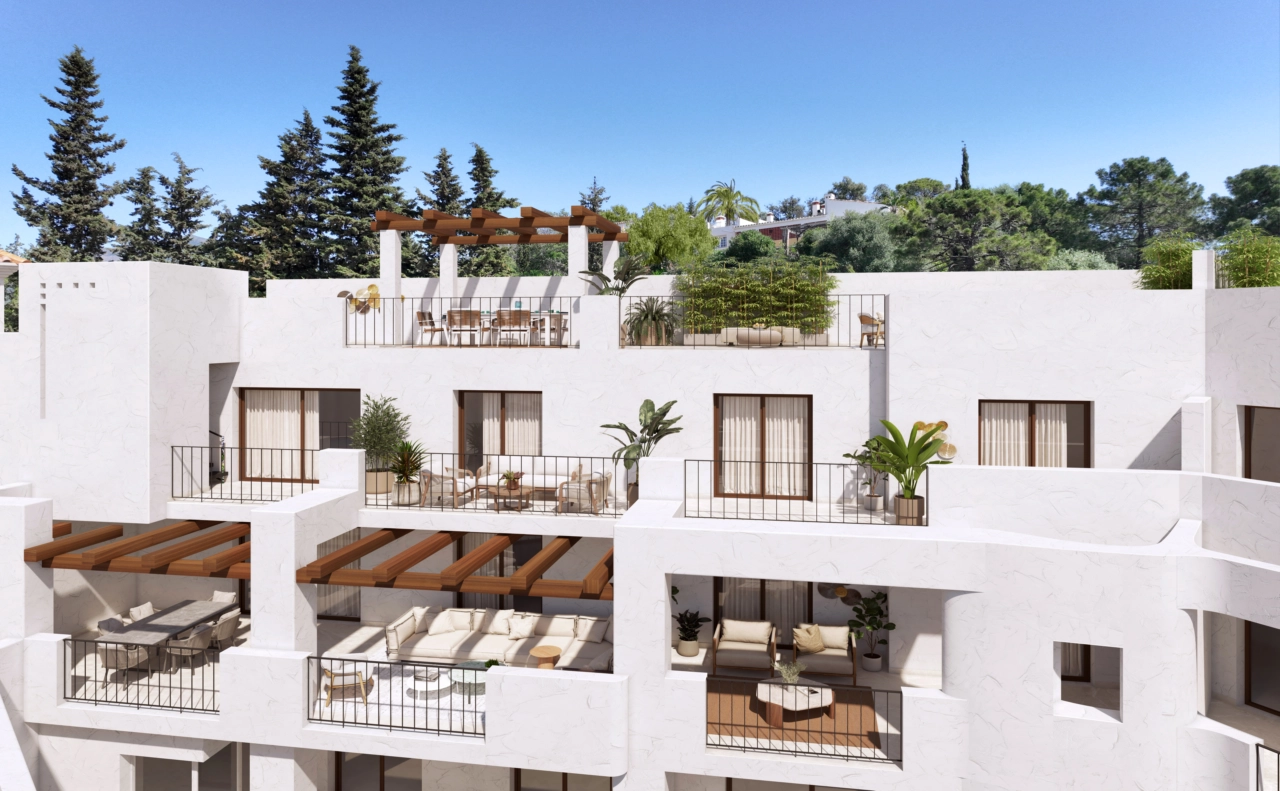 The traditional Andalusian architecture features charming terraces for every apartment.
