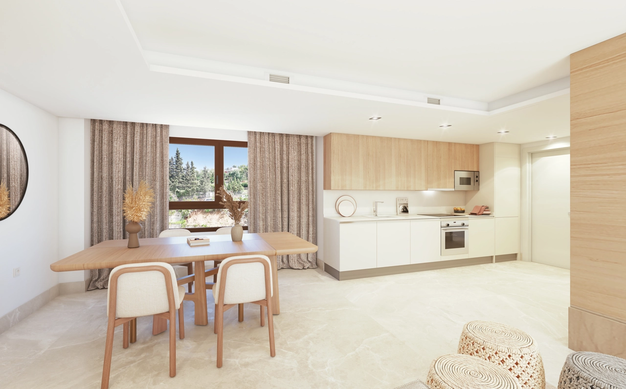 A modern, fully equipped kitchen that opens into the dining area, perfect for a modern lifestyle.