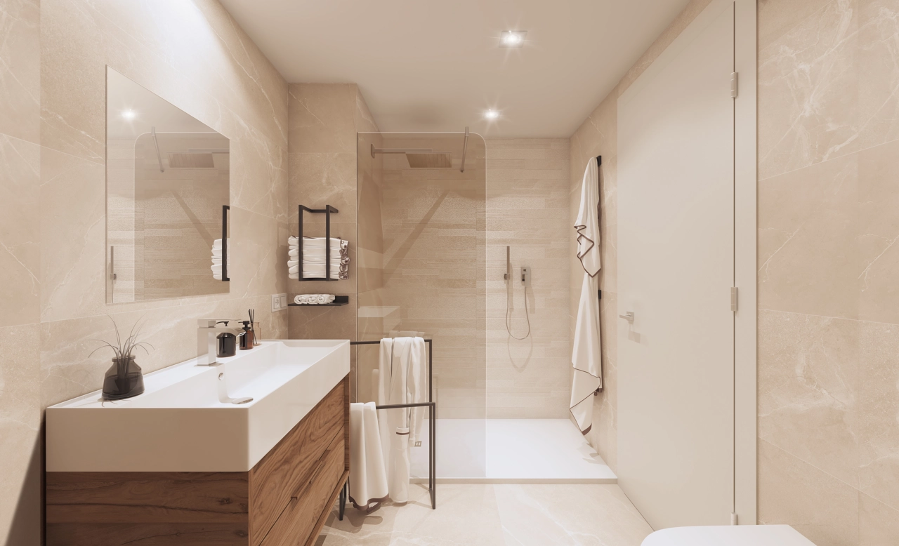 The contemporary bathroom features a walk-in shower and elegant, modern fittings.
