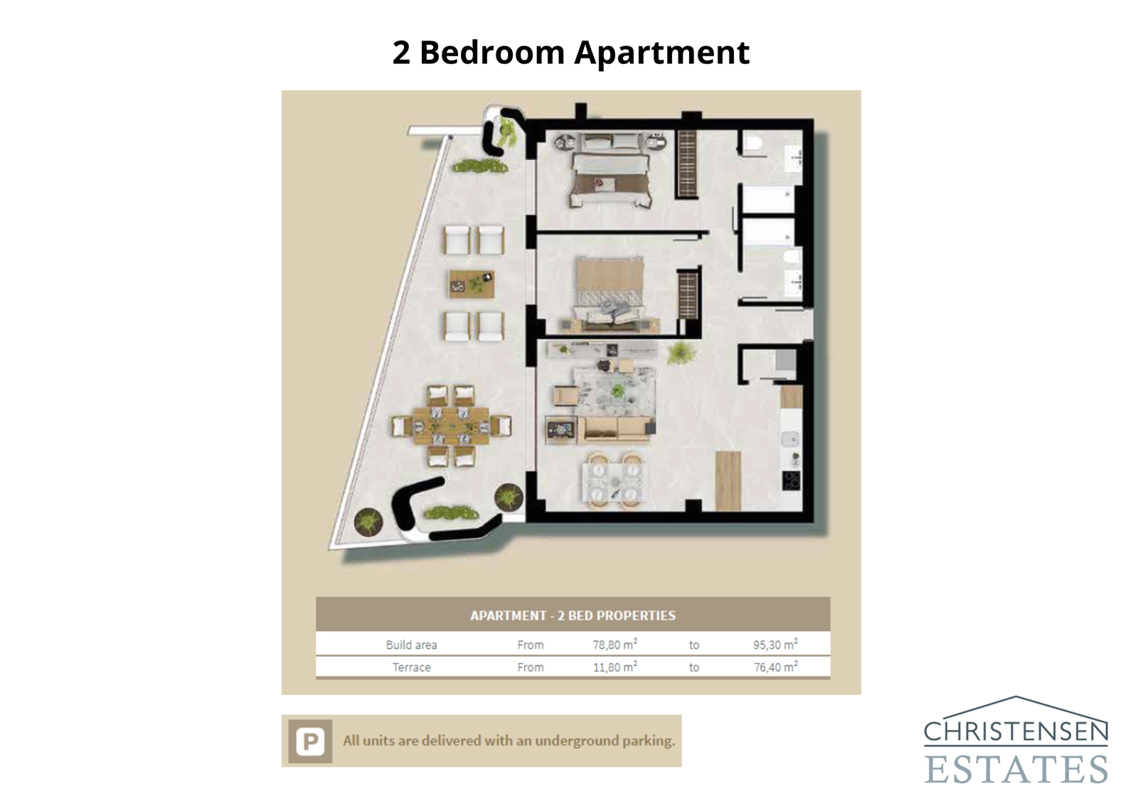 This two-bedroom apartment layout features a spacious open-plan living area that extends onto a generous terrace.