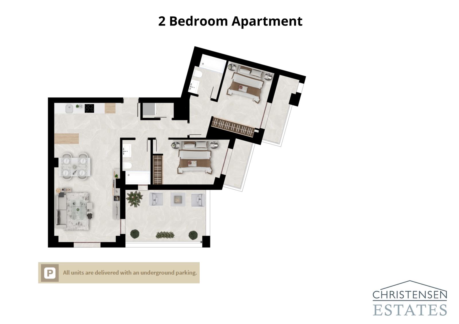 An alternative two-bedroom layout designed for comfort and functionality, with well-defined living and sleeping areas.