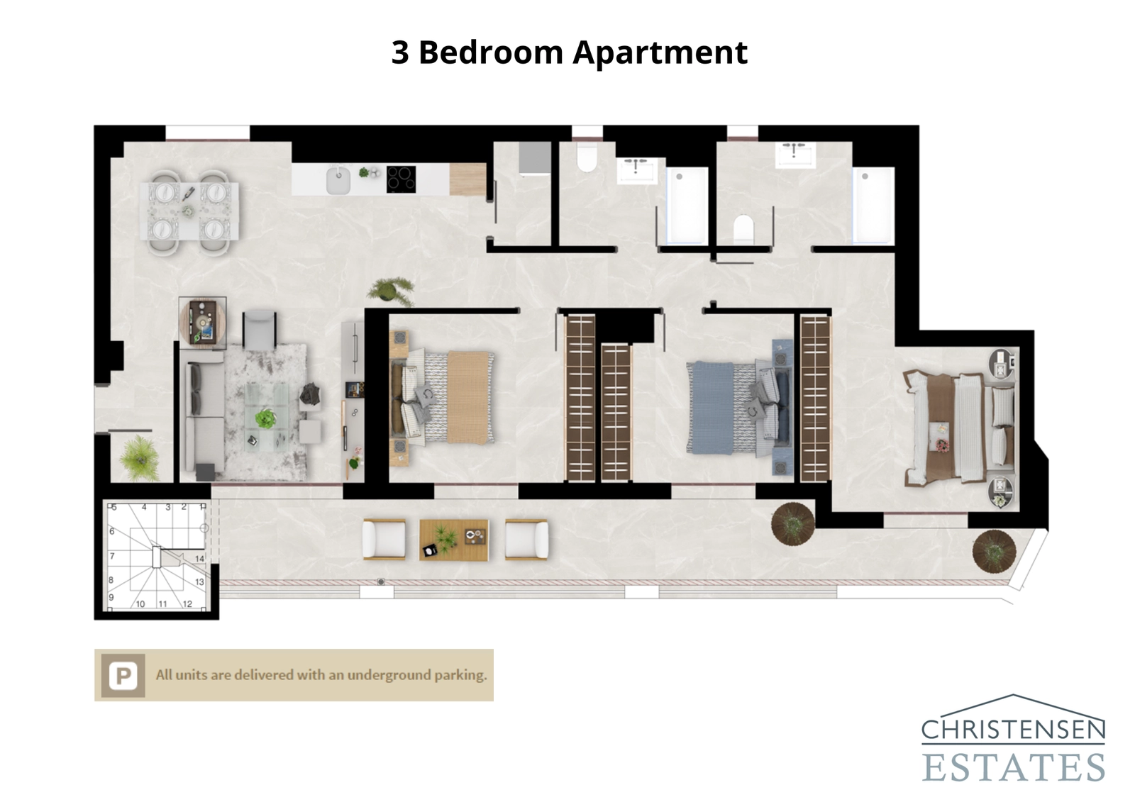 The three-bedroom floor plan offers ample space for family living, with a large living room and private outdoor area.