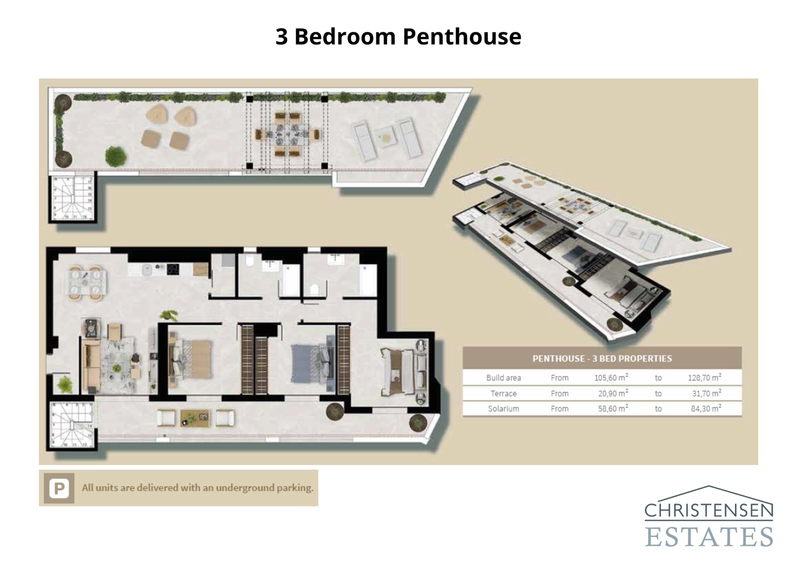 The exclusive three-bedroom penthouse layout includes an expansive rooftop solarium, perfect for private relaxation and entertaining.
