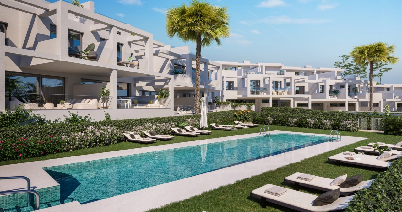 The beautifully landscaped communal gardens and large swimming pool provide a wonderful space for residents to relax.