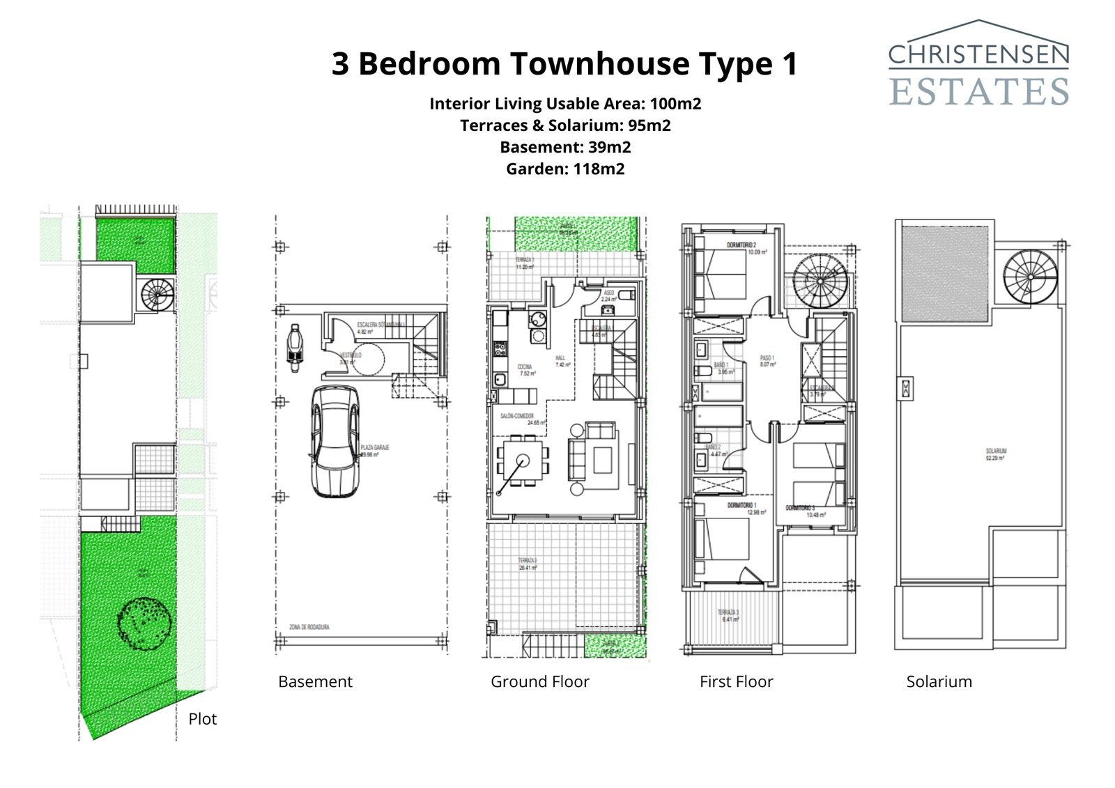 Floor plan for the Type 1 three-bedroom townhouse, featuring a spacious ground floor, private garden, garage, and a large rooftop solarium for optimal living.