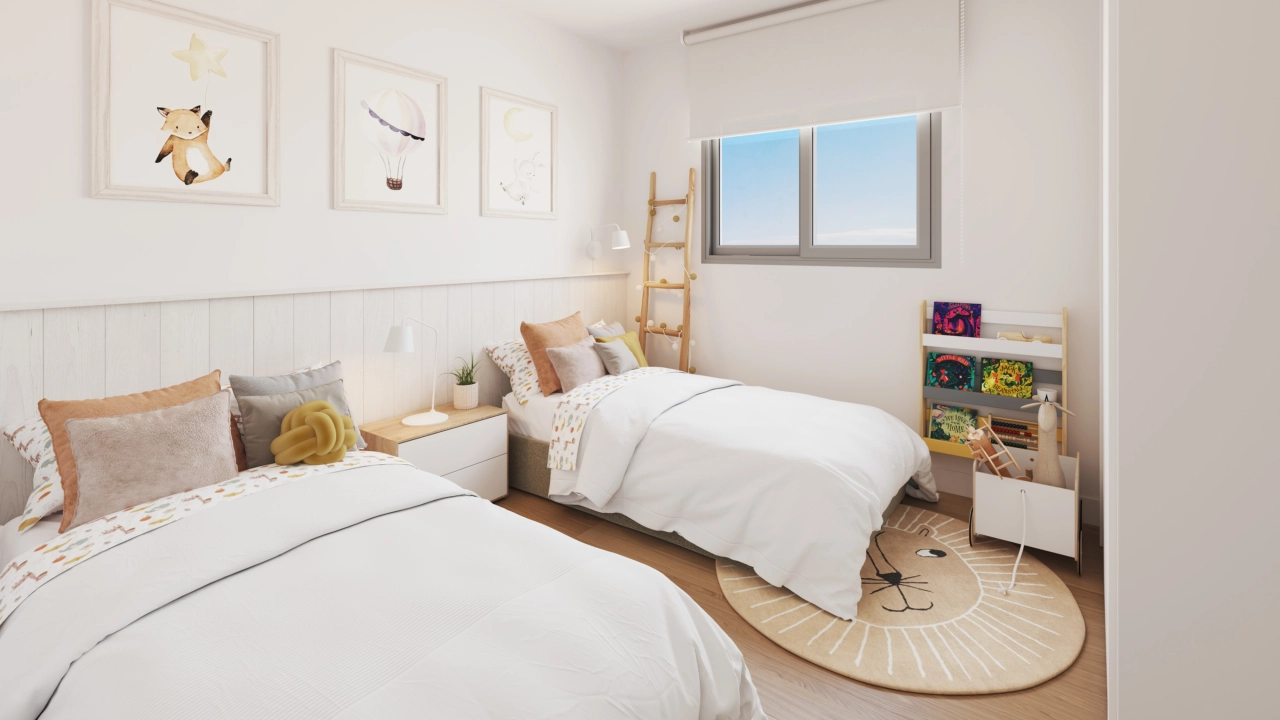 A bright second bedroom, perfect for family, guests, or as a comfortable home office space.
