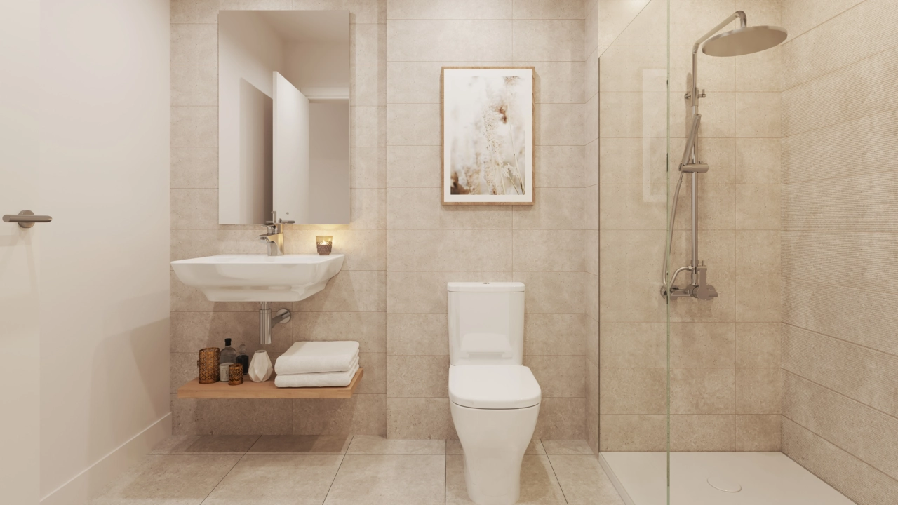 Contemporary bathrooms feature high-quality materials and clean, modern design.