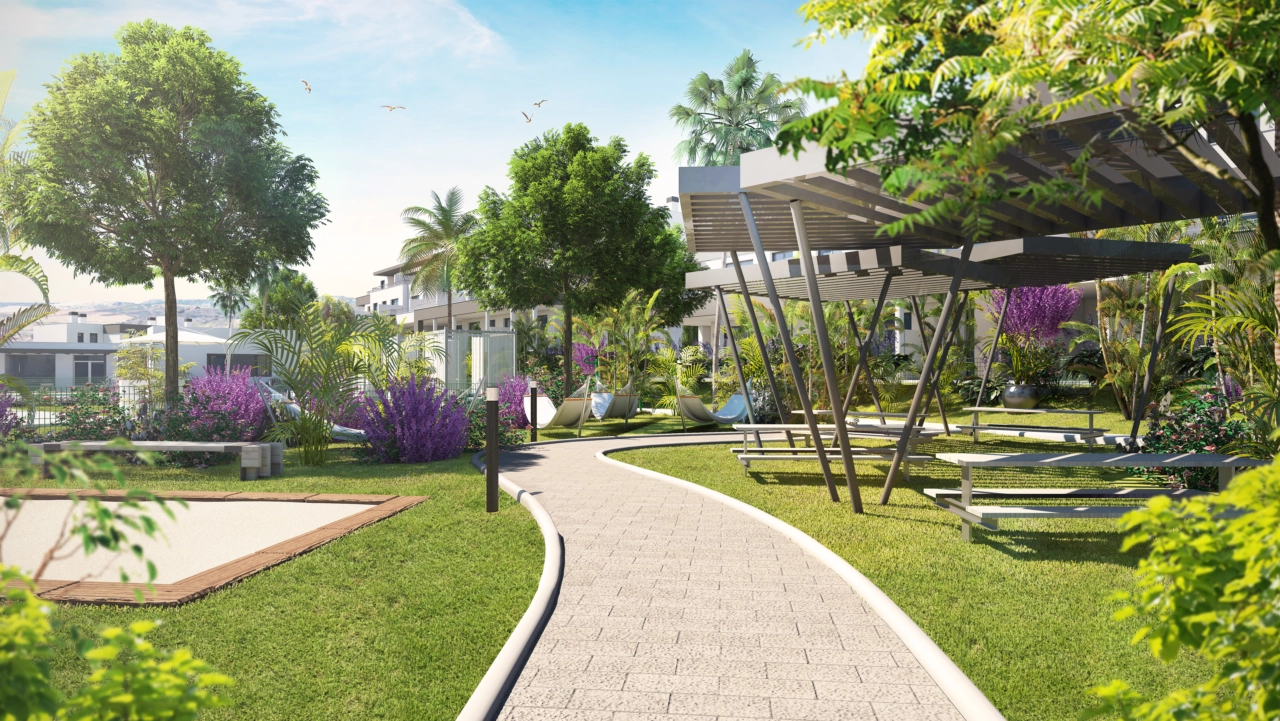 Walk through lush, landscaped gardens with dedicated relaxation areas and social spaces.