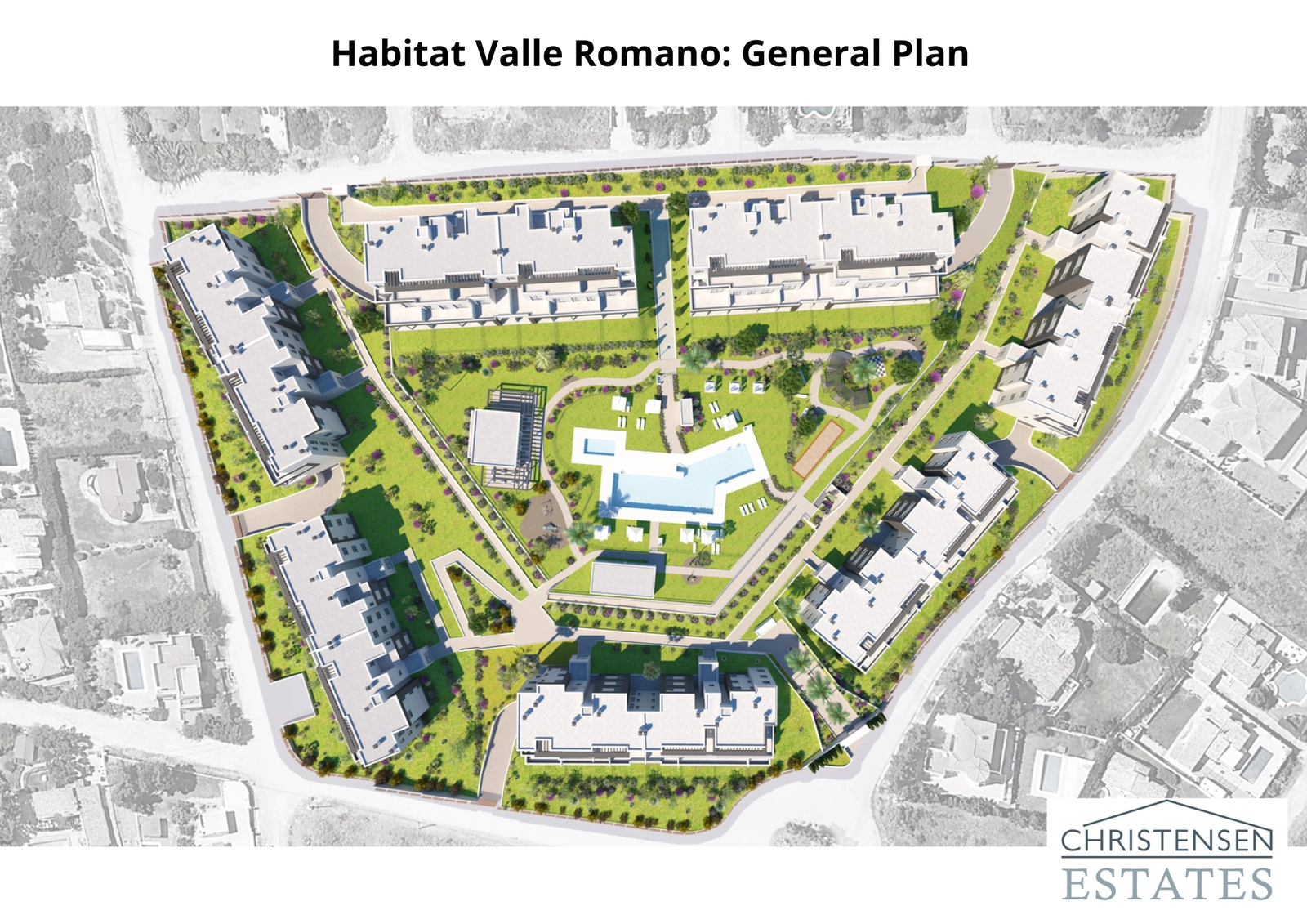 An overview of the development, showcasing the thoughtful layout of buildings, pools, and extensive green spaces designed for community living.